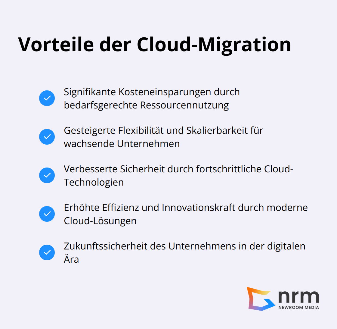 Infografik listet die fünf Hauptvorteile der Cloud-Migration auf: Kosteneinsparungen, gesteigerte Flexibilität, verbesserte Sicherheit, erhöhte Effizienz und Zukunftssicherheit