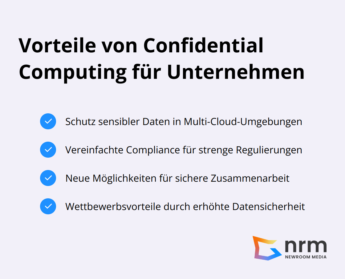 Eine Liste mit Häkchen, die die Hauptvorteile von Confidential Computing für Unternehmen aufzeigt: Datenschutz in Multi-Cloud-Umgebungen, vereinfachte Compliance, sichere Zusammenarbeit, und Wettbewerbsvorteile.