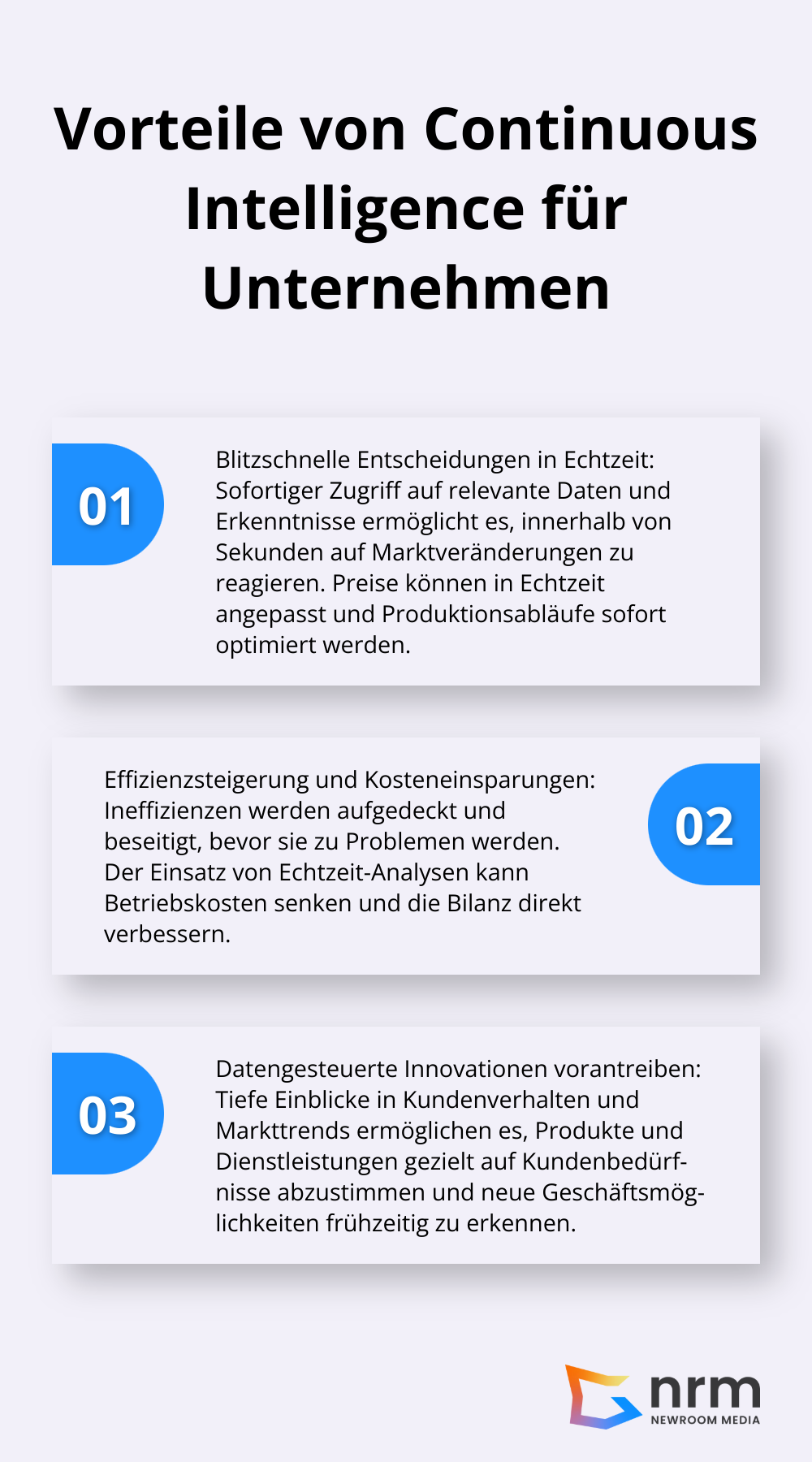 Eine geordnete Liste, die drei Hauptvorteile von Continuous Intelligence für Unternehmen hervorhebt: Echtzeitentscheidungen, Effizienzsteigerung und datengesteuerte Innovationen.