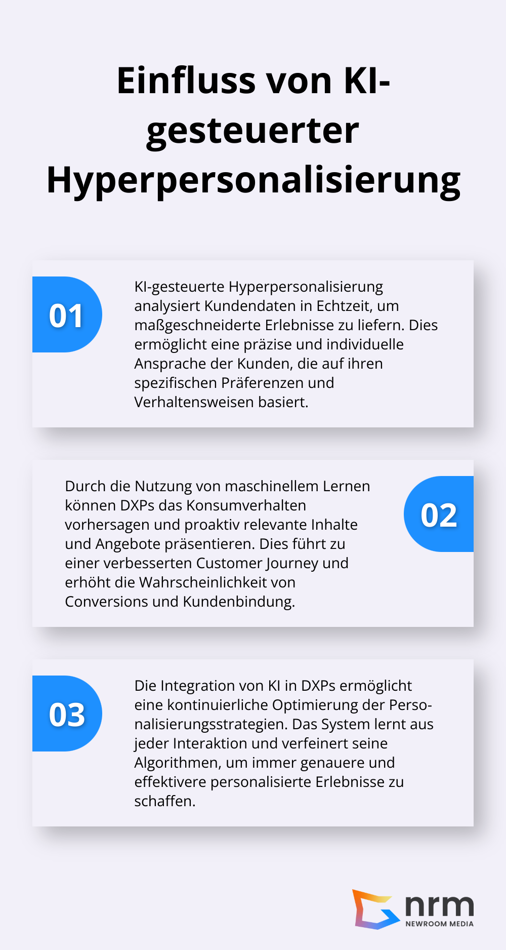 Eine geordnete Liste, die die Auswirkungen und Vorteile von KI-gesteuerter Hyperpersonalisierung in Digital Experience Plattformen beschreibt.