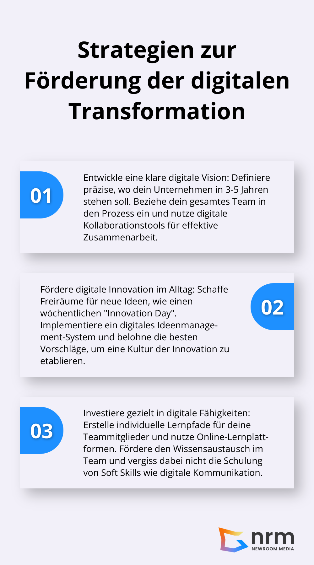 Ein Diagramm mit drei Hauptstrategien zur Förderung der digitalen Transformation: Entwicklung einer klaren digitalen Vision, Förderung digitaler Innovation im Alltag und gezielte Investition in digitale Fähigkeiten. - Digital Leadership