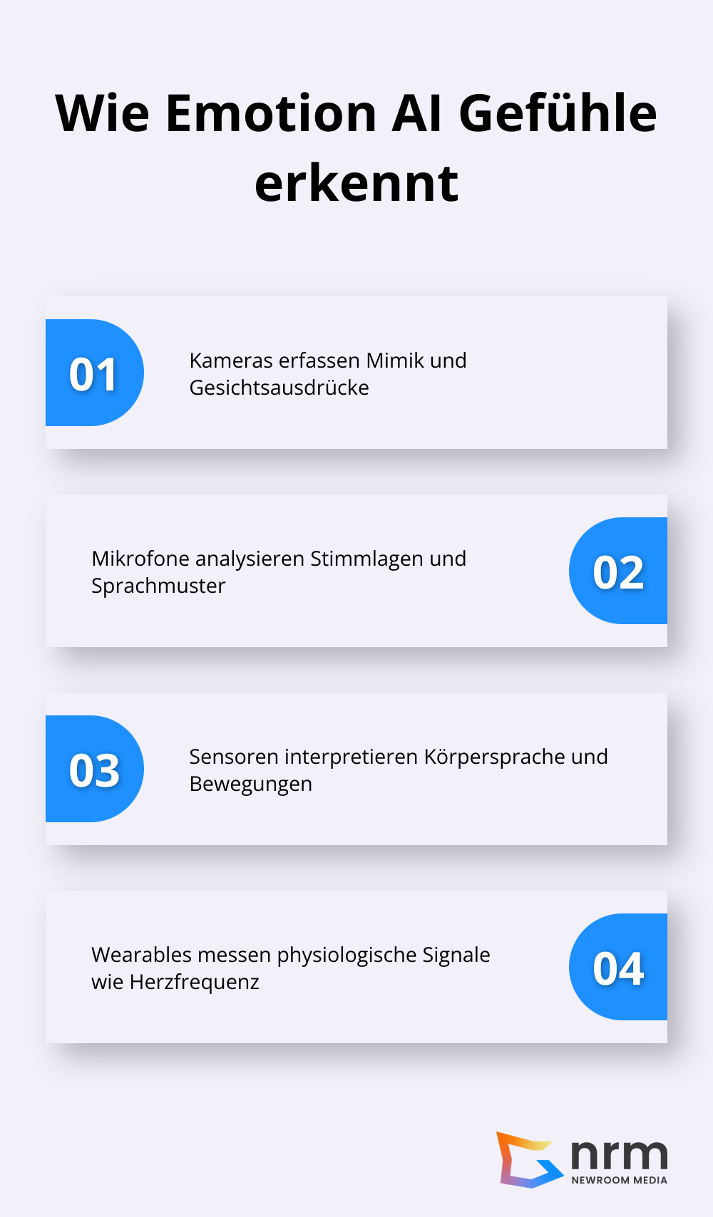 Infografik zeigt die vier Hauptquellen, die Emotion AI zur Gefühlserkennung nutzt: Gesichtsausdrücke, Stimme, Körpersprache und physiologische Signale.