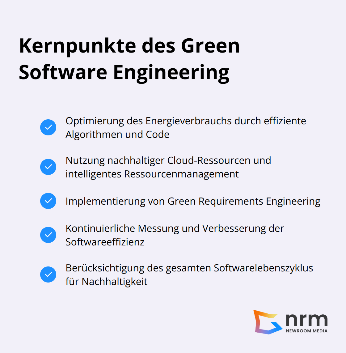 Infografik fasst die wichtigsten Aspekte des Green Software Engineering zusammen, einschließlich Energieeffizienz, Ressourcenoptimierung und Nachhaltigkeit