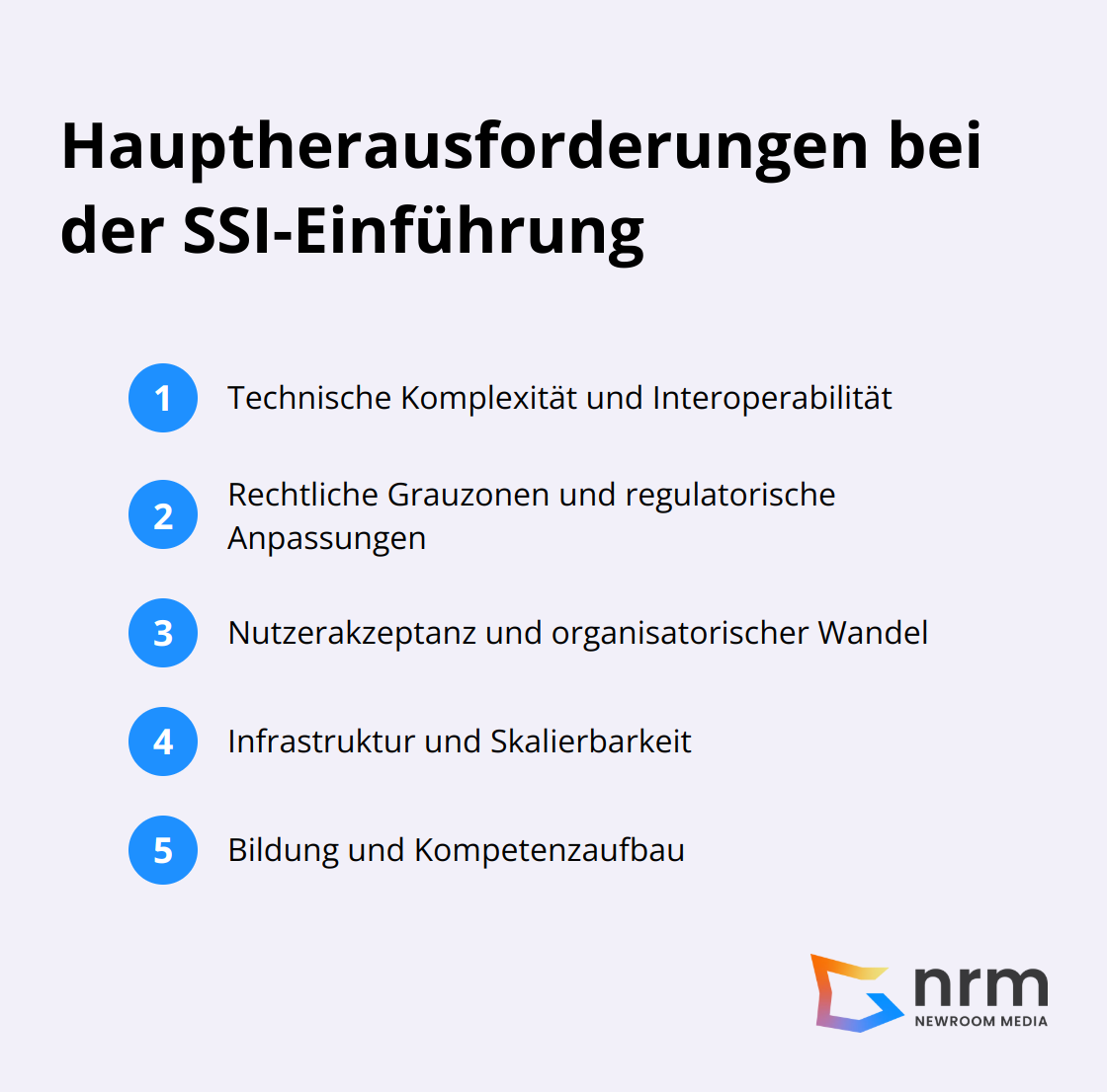 Liste der fünf Hauptherausforderungen bei der Einführung von Self-Sovereign Identity: Technische Komplexität, Rechtliche Grauzonen, Nutzerakzeptanz, Infrastruktur und Bildung