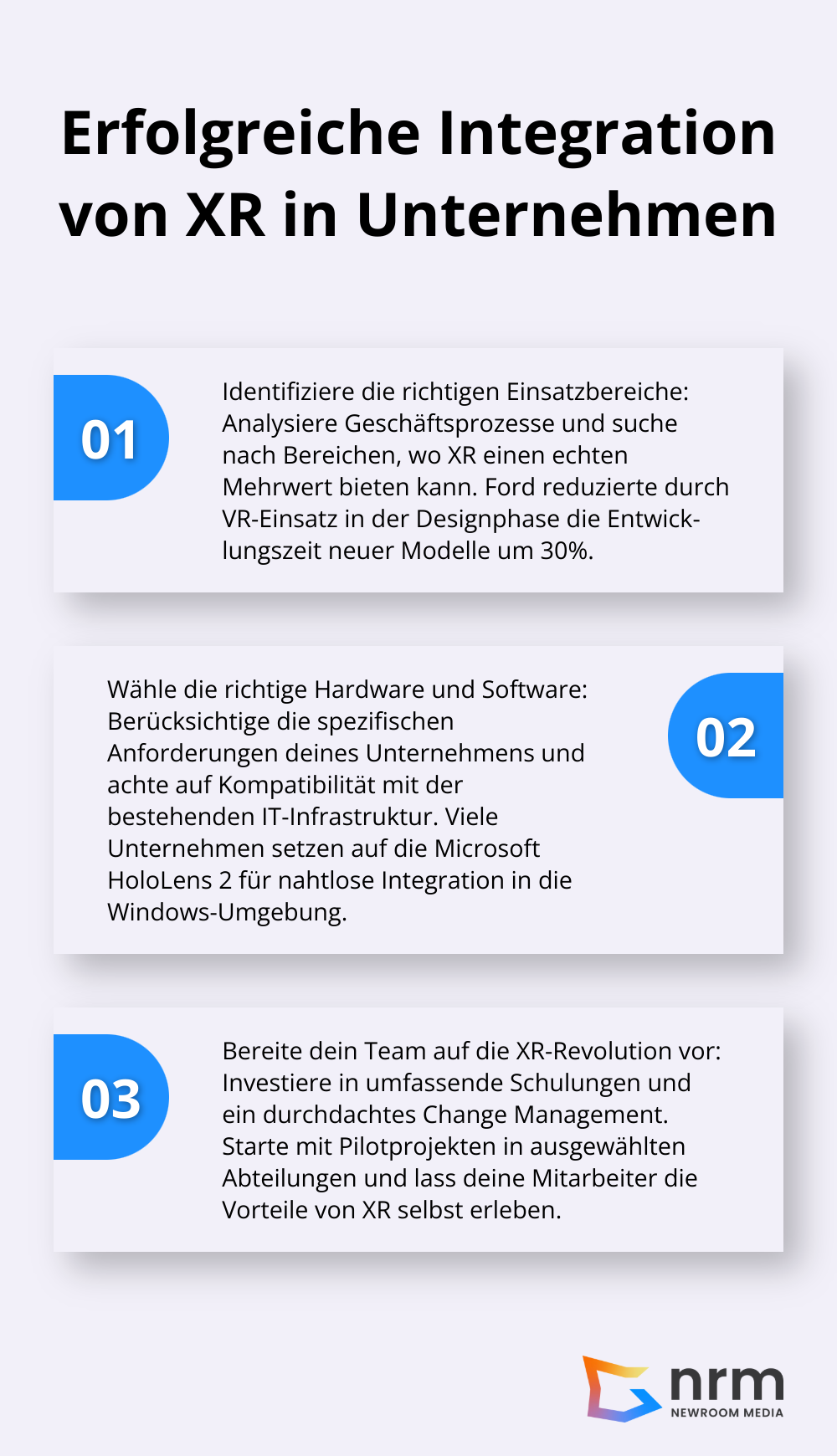 Geordnete Liste mit drei Schritten zur erfolgreichen Integration von XR-Technologien in Unternehmen, einschließlich Identifikation von Einsatzbereichen, Auswahl der richtigen Hardware und Software sowie Vorbereitung des Teams