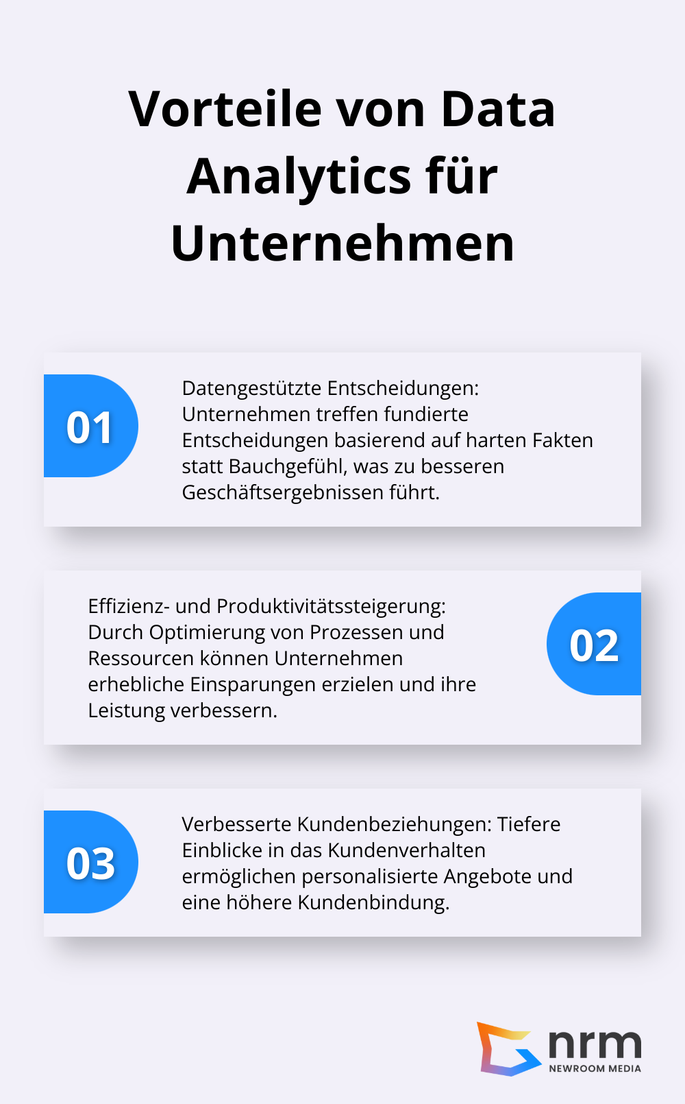 Infografik zeigt drei Hauptvorteile von Data Analytics für Unternehmen: Datengestützte Entscheidungen, Effizienzsteigerung und verbesserte Kundenbeziehungen