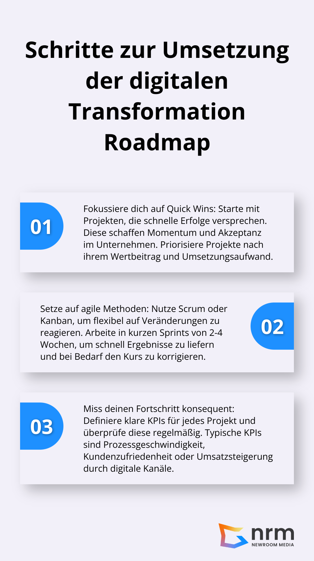 Eine geordnete Liste mit drei Schritten zur Umsetzung der digitalen Transformation Roadmap: Fokus auf Quick Wins, Einsatz agiler Methoden und konsequente Fortschrittsmessung. - digitale Transformation Roadmap