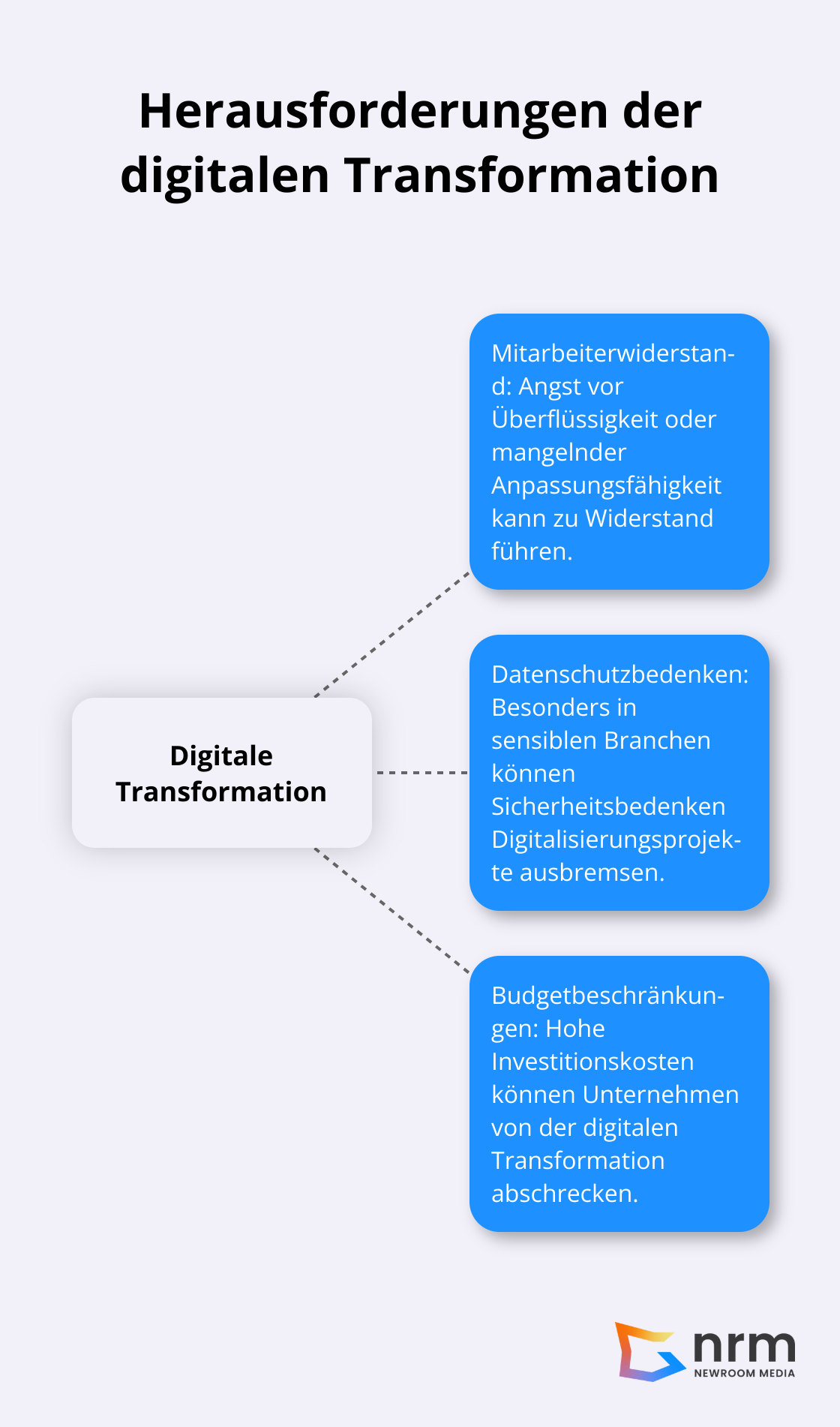 Infografik zeigt die Hauptherausforderungen bei der digitalen Transformation: Mitarbeiterwiderstand, Datenschutz und Budgetbeschränkungen - transformation digitalisierung